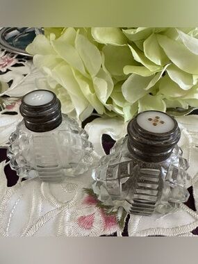 Vintage Clear Crystal Cut Button Salt and Pepper Shakers